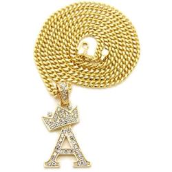 Fashion 21 Unisex Small Pave Crowned Initial Alphabet Letter Pendant 3mm 24 inches Cuban Chain Necklace in Gold Silver Tone