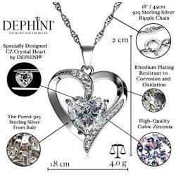 DEPHINI - White Heart Necklace - 925 Sterling Silver - Branded A+ Cubic Zirconia Crystal Pendant Birthstone - Fine Jewellery Love - 18'' Premium Rhodium Plated Silver Chain - Gifts for Women