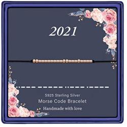 IEFWELL S925 Sterling Silver Morse Code Bracelets for Women, Rose Gold Beads on Silk Friendship Gifts Inspirational Valentines Day Graduation Gifts for Her Gifts for Wife Girlfriends
