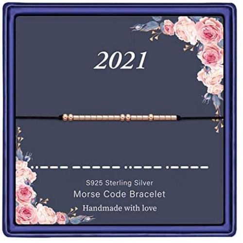 IEFWELL S925 Sterling Silver Morse Code Bracelets for Women, Rose Gold Beads on Silk Friendship Gifts Inspirational Valentines Day Graduation Gifts for Her Gifts for Wife Girlfriends
