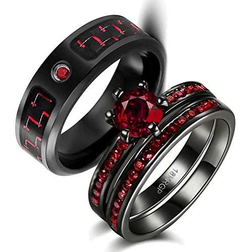 wedding ring set Two Rings His Hers Couples Matching Rings Womens 2pc Black Gold Filled Red CZ Wedding Engagement Ring Bridal Sets Mens Stainless Steel Wedding Band