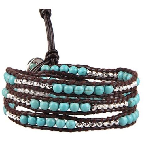 KELITCH Turquoise Mother of Pearl Silver Mix Beaded 3 Wrap Bracelet Handmade New Cuff Jewelry
