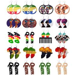 BOMAIL 20Pairs African Wooden Earrings for Women Round Wood Painted Earring Drop Earring Ethnic Style