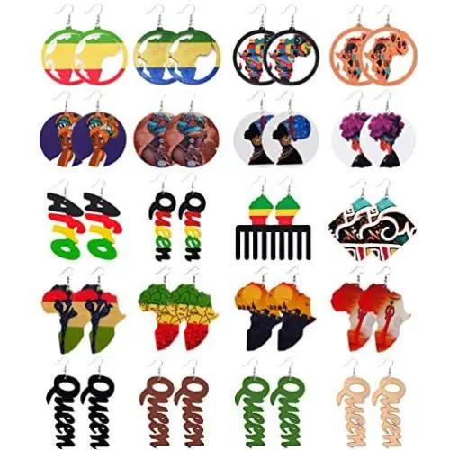 BOMAIL 20Pairs African Wooden Earrings for Women Round Wood Painted Earring Drop Earring Ethnic Style