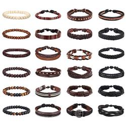Finrezio 24 Pcs Braided Leather Bracelet Set Men Women oho Ethnic Tribal Linen Hemp Cords String Beads Wristbands Cuff Wrap Bracelets Adjustable Handmade Jewelry