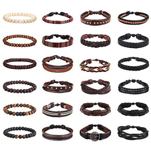 Finrezio 24 Pcs Braided Leather Bracelet Set Men Women oho Ethnic Tribal Linen Hemp Cords String Beads Wristbands Cuff Wrap Bracelets Adjustable Handmade Jewelry