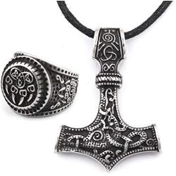 DUTO Viking Combo Bear Paw Ring & Mjolnir Thor Hammer Necklace Adjustable Cord Chain Stainless Steel Jewelry Mens Womens