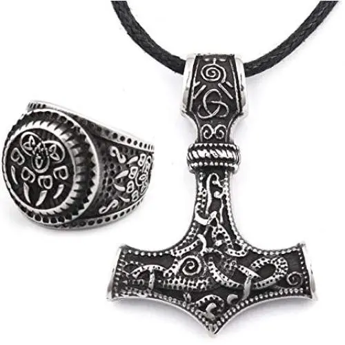 DUTO Viking Combo Bear Paw Ring & Mjolnir Thor Hammer Necklace Adjustable Cord Chain Stainless Steel Jewelry Mens Womens DUTO Viking Combo Bear Paw Ring & Mjolnir Thor Hammer Necklace Adjustable Cord Chain Stainless Steel Jewelry Mens Womens