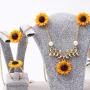 Set of 5 Sunflower Faux Pearl Leaf Chain Resin Boho Petal Pendant Necklace with Sunflower Bracelet Earrings Ring for Women Jewelry Accessories (Gold)