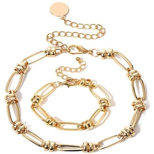 N/Q 14K Gold Silver Plated Chunky Link Choker Necklace Bracelets for Women Girls Jewelry Set Gothic Oval Rectangle Geometric Paperclip Chain Bracelets