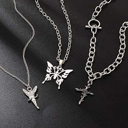 Dainty Unique Punk Layering Chain Choker Necklace Boho Jewelry Set Layered Butterfly Cross Pendant Statement Chunky Chain Necklace Festival Statement Necklace for Women Men