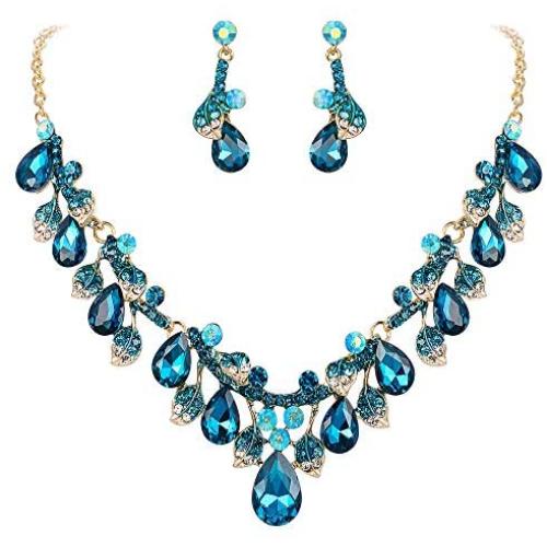 BriLove Womens Wedding Bridal Crystal Teardrop Cluster Leaf Vine Enamel Statement Necklace Dangle Earrings Set