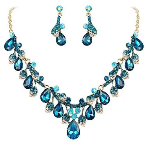 BriLove Womens Wedding Bridal Crystal Teardrop Cluster Leaf Vine Enamel Statement Necklace Dangle Earrings Set BriLove Womens Wedding Bridal Crystal Teardrop Cluster Leaf Vine Enamel Statement Necklace Dangle Earrings Set