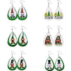 6 Pairs Gnome Faux Leather Dangle Earrings Set Green Teardrop Lightweight Drop Earrings for Women Girls St Patricks Day Party Jewelry Gift