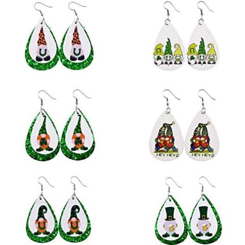 6 Pairs Gnome Faux Leather Dangle Earrings Set Green Teardrop Lightweight Drop Earrings for Women Girls St Patricks Day Party Jewelry Gift