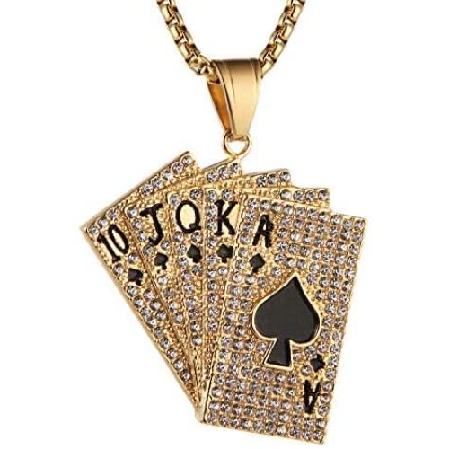 AsAlways Men Punk Rock Hip Hop Inlay CZ Stainless Steel The King of Hearts Playing Card Poker Tag Pendant Necklace, 24 inch Chain