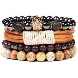 WAINIS Braided Leather Bracelets for Men Women Wrap Tiger Eye Lava Rock Beads Bracelet Woven Ethnic Tribal Rope Wristbands Bracelets Set Adjustable