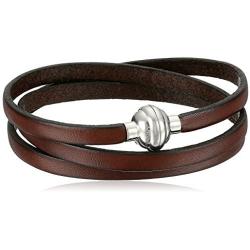 Brown Leather Wrap Stainless Steel Magnetic Clasp Bracelet, 22.5''