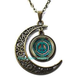 Moon Necklace Moon Pendant，Hippie Necklace, Hippie Pendant, Hippie Jewelry, Peace Sign Necklace, Peace Jewelry, Peace Pendant, Mens Necklace, Hippie Mens Jewelry