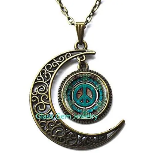 Moon Necklace Moon Pendant，Hippie Necklace, Hippie Pendant, Hippie Jewelry, Peace Sign Necklace, Peace Jewelry, Peace Pendant, Mens Necklace, Hippie Mens Jewelry