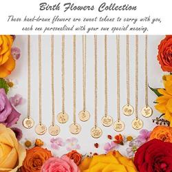 GUEMER 12 Birth Month Flower Pendant Necklace 18K Gold Plated Dainty Simple Month Birth Floral Disc Pendant Engrave Coin Necklace Minimalist Delicate Custom Personalized Jewelry Mom Daughter BFF Gift