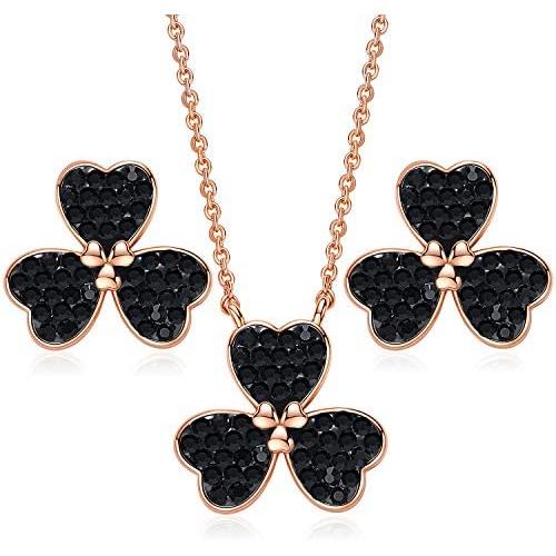 CDE Lucky Clover Jewelry Set Rose Gold Plated Embellished with Crystals from Swarovski Necklace and Earrings for Women Heart to Heart Shape Women Jewelry Gift