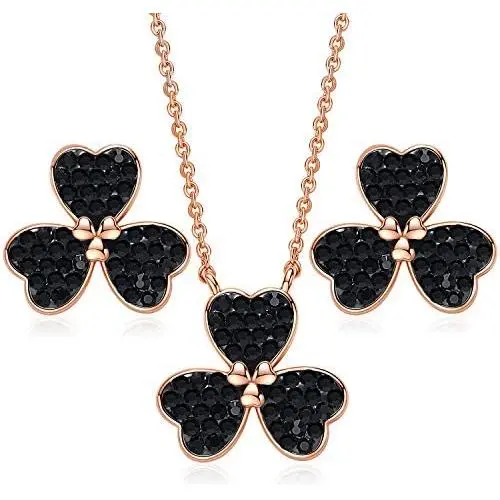 CDE Lucky Clover Jewelry Set Rose Gold Plated Embellished with Crystals from Swarovski Necklace and Earrings for Women Heart to Heart Shape Women Jewelry Gift