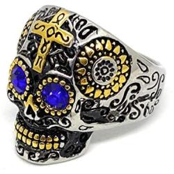 D&L Menswear Two Tone Gold & Silver Plated Stainless Steel Sugar Skull Gothic Cross Ring with Blue Rhinestone Eyes