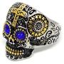 D&L Menswear Two Tone Gold & Silver Plated Stainless Steel Sugar Skull Gothic Cross Ring with Blue Rhinestone Eyes