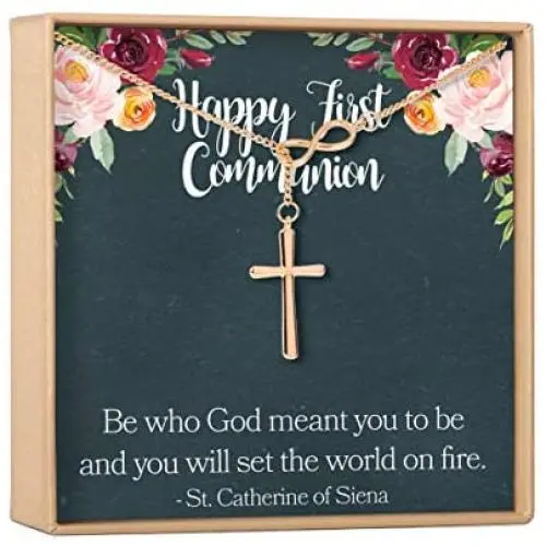 First Communion Gift Necklace: 1st Communion, Girl First Holy Communion, Infinity Cross (rose-gold-plated-brass, NA) First Communion Gift Necklace: 1st Communion, Girl First Holy Communion, Infinity Cross (rose-gold-plated-brass, NA)