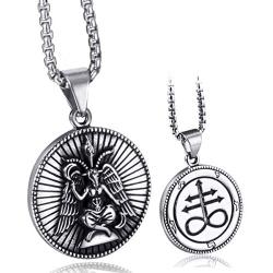 Elfasio Men Stainless Steel Pendant Necklace Baphomet Goat Satanic Satan Leviathan Cross Demon Devil Lucifer Sulfur Both Sided Pendants Chain