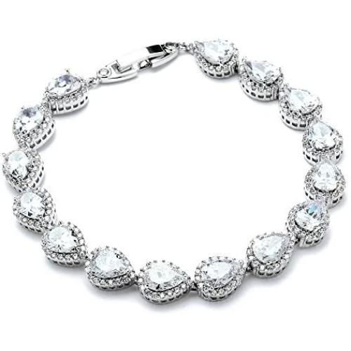 Mariell Platinum Plated Tennis Bracelet with Pear-Shaped Cubic Zirconia Halos for Brides, Wedding & Prom