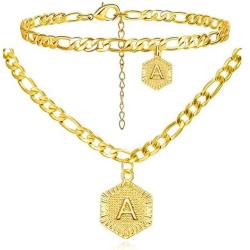 Harlermoon Initial Necklace Anklet Bracelet 18K Gold Plated Figaro Link Chain Bracelet Hexagon A-Z Monogram Letter Charms Jewelry Set for Women Girls