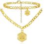 Harlermoon Initial Necklace Anklet Bracelet 18K Gold Plated Figaro Link Chain Bracelet Hexagon A-Z Monogram Letter Charms Jewelry Set for Women Girls