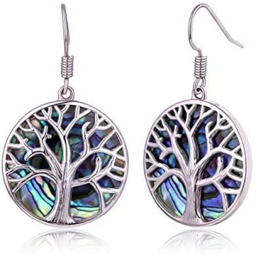 Tree of Life Earrings For Women Lab-Created Abalone | Barzel Lab-Created Abalone Pearl & 18K White Gold Plating Tree Of Life Dangling Teardrop Earrings