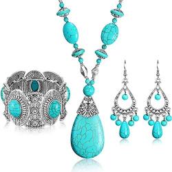 Hicarer 3 Pieces Bohemian Turquoise Set Turquoise Pendant Necklace, Vintage Turquoise Dangle Earrings, Stretchable Turquoise Bracelet for Women Statement Boho Jewelry Set