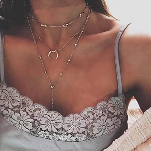 Dresbe Boho Layered Necklace Gold Moon Pendant Necklaces Beaded Choker Crystal Y Neck Chain Beach Jewelry Accessories for Women and Girls