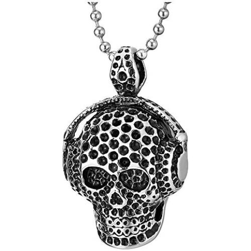 COOLSTEELANDBEYOND Mens Women Steel Silver Black Headphone Honeycomb Skull Pendant Necklace, 30 in Chain, Gothic Biker