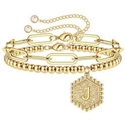 Gold Initial Bracelets for Women, 14K Gold Plated Beaded Bracelets for Women Teen Girls Hexagon Pendant Personalized Gold Layered Paperclip Link Chain Bracelets Initial Bracelet Dainty Initial Jewelry