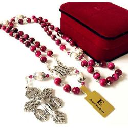 elegantmedical Handmade Red Tiger Eye Beads Sterling Silver 10mm Real Pearl Rosary Cross Necklace Catholic Gift