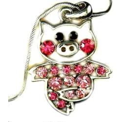 DianaL Boutique Adorable Little Pig Piggy Pendant Necklace Pink Rose Crystal 18'' Chain Gift Boxed