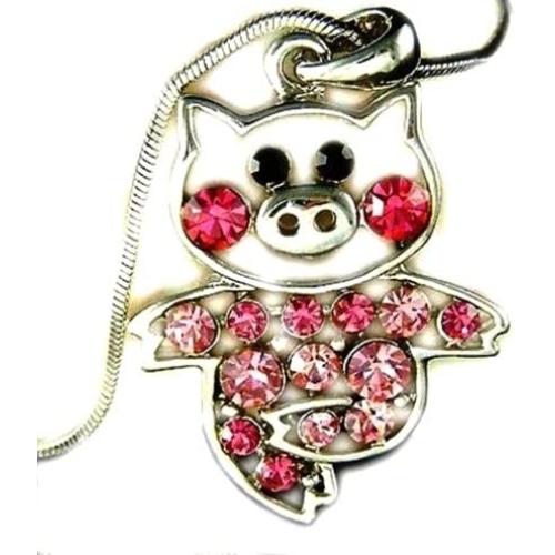 DianaL Boutique Adorable Little Pig Piggy Pendant Necklace Pink Rose Crystal 18'' Chain Gift Boxed
