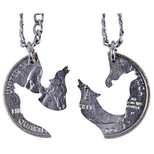 Marycrafts Hand Cut Coin Wolf Necklace Howling Wolves Best Friend Necklaces for 2