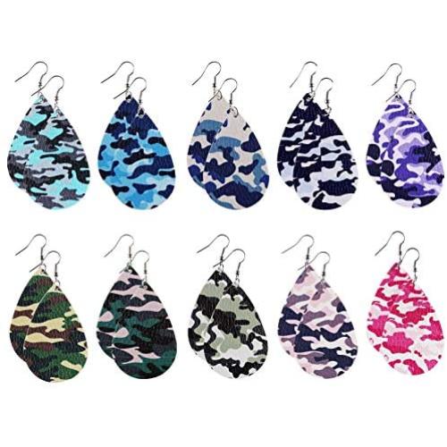 10 Pairs Camo Leather Drop Earrings Set Dainty Colorful Double Print Earrings Camouflage Teardrop Earrings for Women Girls Jewelry