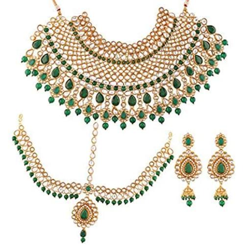 Aheli Ethnic Designer Indian Wedding Bridal Jewelry Set Faux Kundan Beaded Choker Necklace with Damini Headpiece for Women