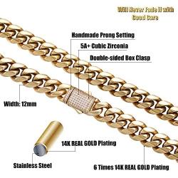 Luxfine 12mm Miami Cuban Link Bracelet 14K REAL Gold Plated Hypoallergenic Premium Stainless Steel Hip Hop Jewelry For Men Women Christmas Birthday Gift (No Color Fade, Double-sided Iced Out Clasp)