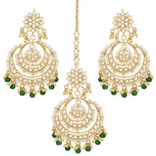 Aheli Bollywood Ethnic Chandbali Style Earrings Maang Tikka Set Traditional Fashion Jewelry for Women