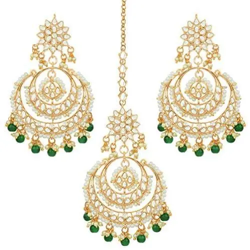 Aheli Bollywood Ethnic Chandbali Style Earrings Maang Tikka Set Traditional Fashion Jewelry for Women