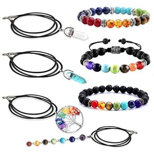 The Chakra Box - Chakra Necklace & Jewelry Complete Kit Essential Oil Lava Stone Bracelets & Gemstone Healing Crystal Necklaces l 7 Piece Complete Kit