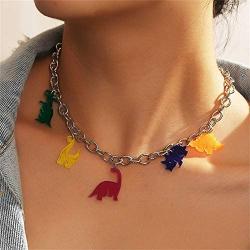 Pingyongchang Transparent Colorful Acrylic Dinosaur Pendant Choker Rainbow Colors Dinosaurs Necklaces Bracelet Set Resin Dinosaur Charms Neckalce Jewelry Set for Women Girls Harajuku Jewelry